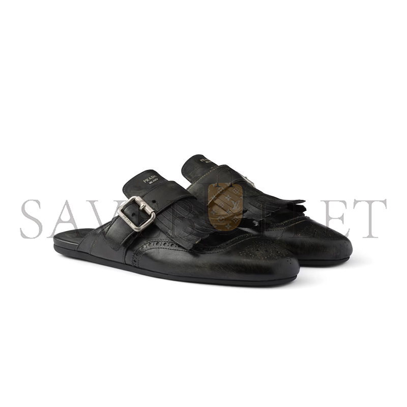 PRADA SHUFFLE FRINGED LEATHER MULES 1S973N